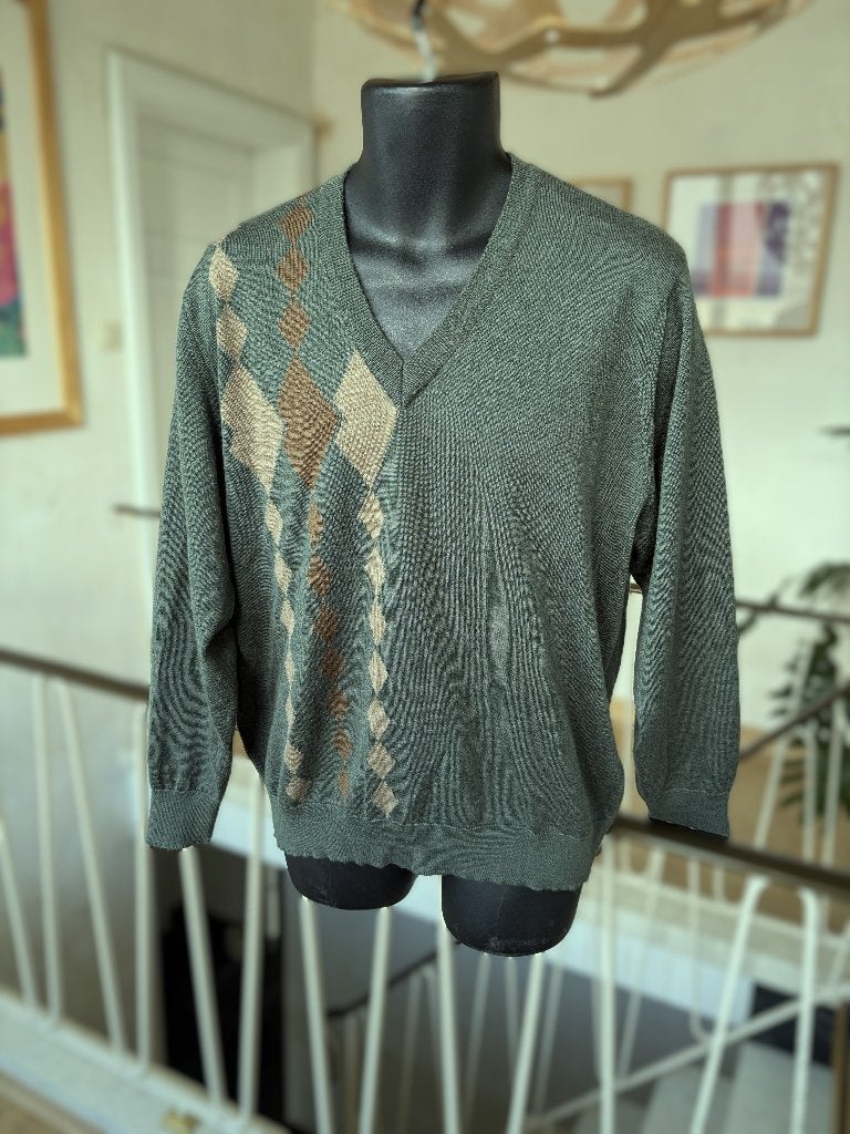 Vintage - Of Tricot V-hals mannen trui, groen/beige, mt XL, Of Tricot Vintage, Meerkleurig, Maat 56/58 (XL), Ophalen of Verzenden