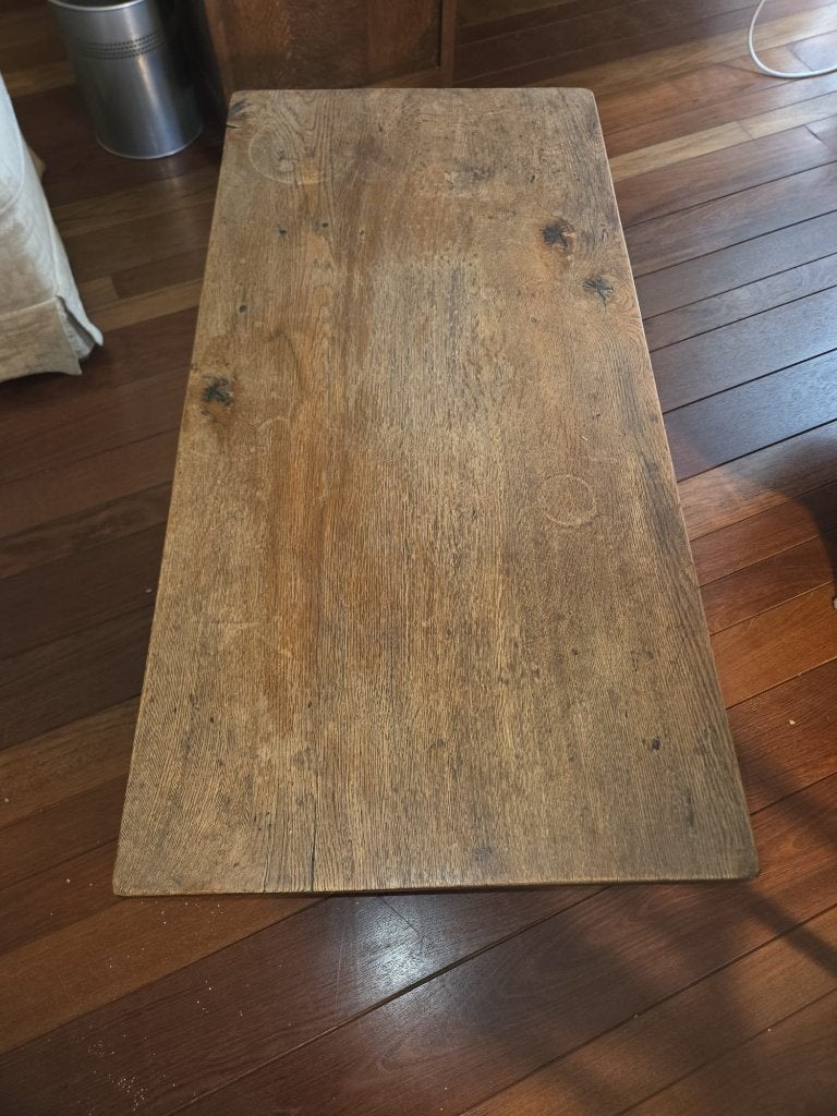 Oude eiken salontafel / kloostertafel – robuust massief hout, Ophalen, 50 – 75, Gebruikt, 100 tot 150 cm