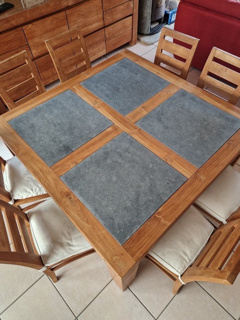 Salle à manger - Teck et pierre bleue, Maison & Meubles, Enlèvement, Utilisé, Massief Teak, 6 à 8 chaises