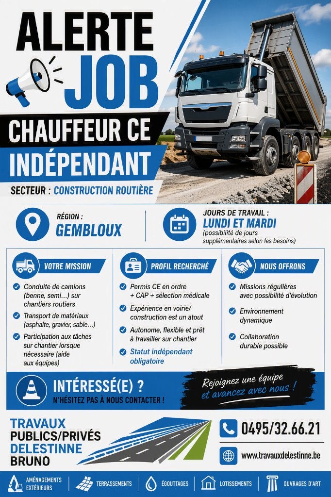 JOB - chauffeur CE statut indépendant, Offres d'emploi, Emplois | Bâtiment