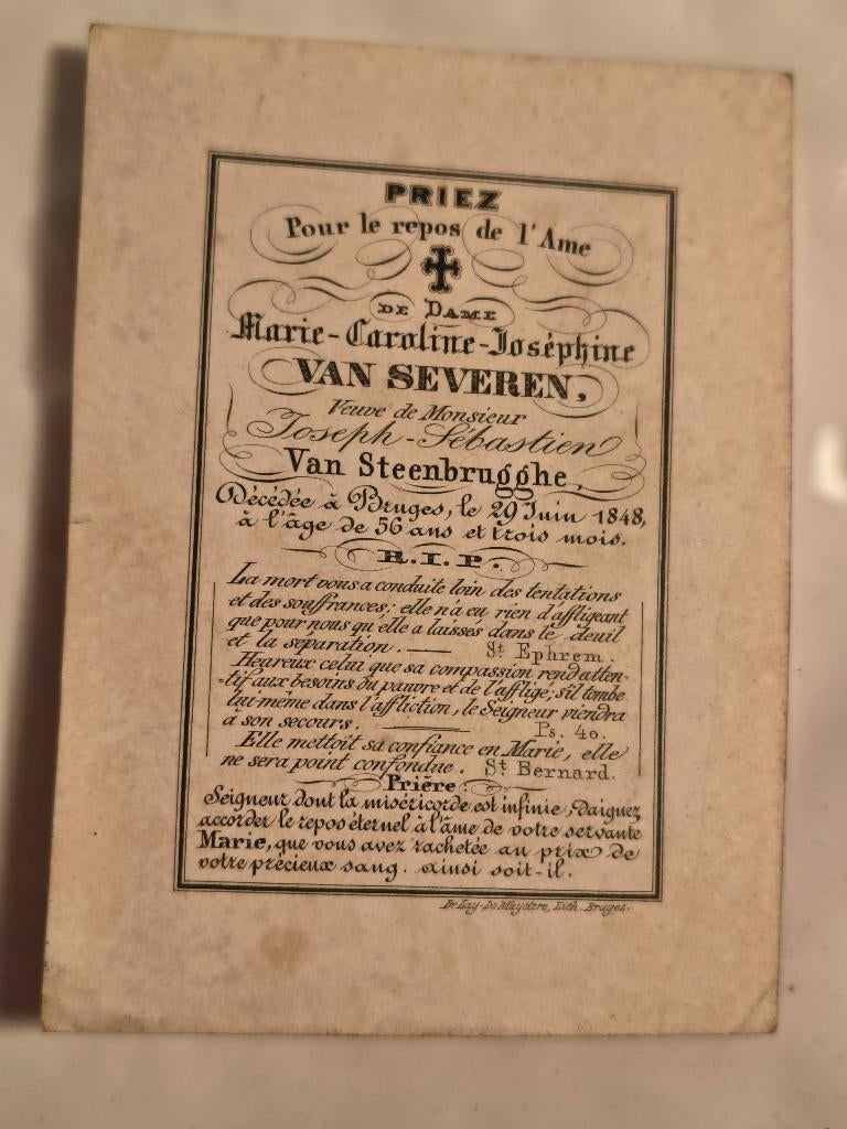 Zeldzaam Bidprentje 1848 - Marie CJ Van Severen - Brugge, Enlèvement ou Envoi