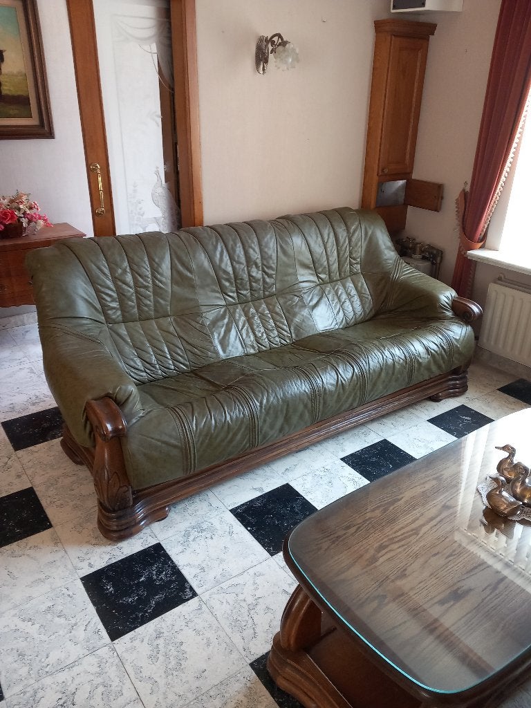 Salontafel + lederen zetels, Ophalen, Gebruikt, Rustiek, Rechte bank