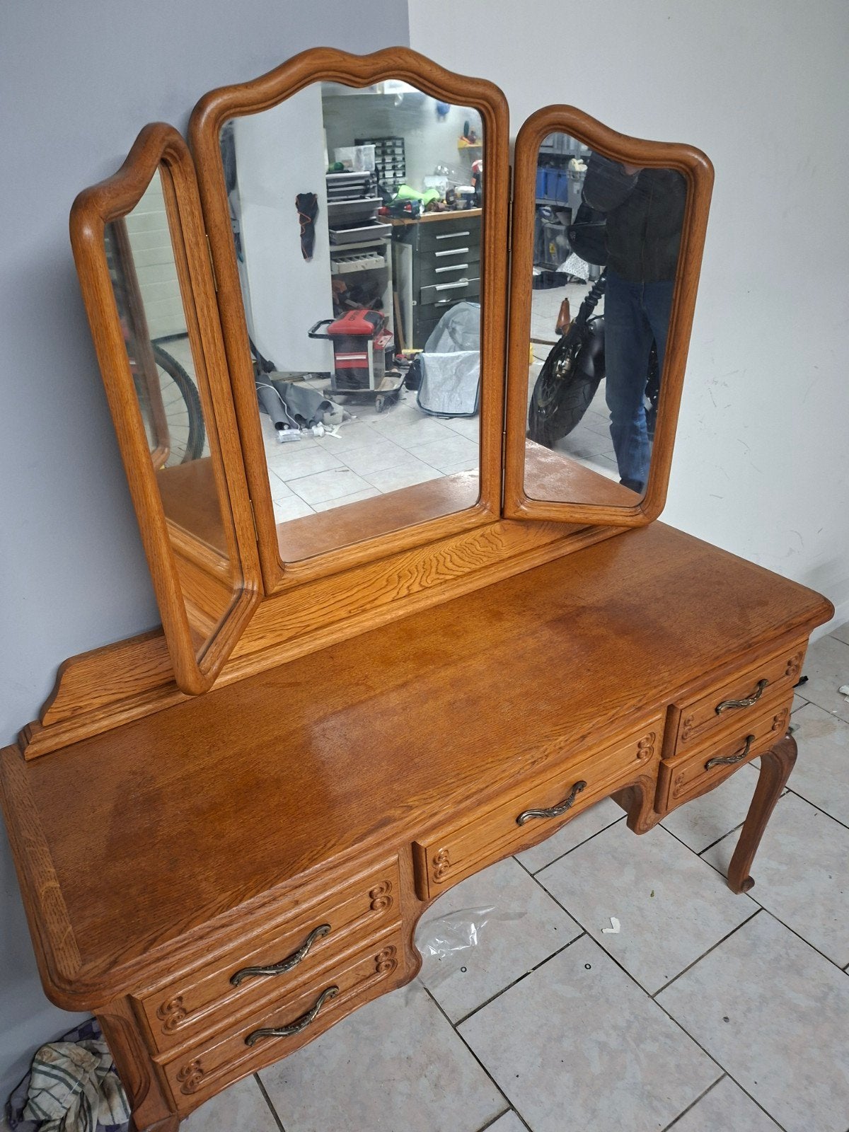 Vintage eiken kaptafel met drieluikspiegel-zeer nette staat, Ophalen, Zo goed als nieuw, Hout