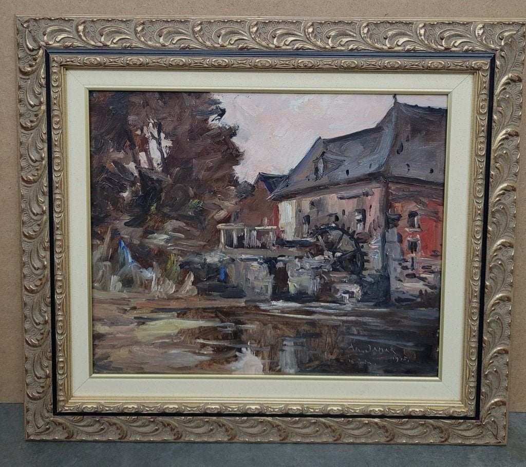 Armand JAMAR, hoeve met watermolen 1945, Antiquités & Art, Art | Peinture | Classique, Enlèvement ou Envoi, Peinture à l'huile
