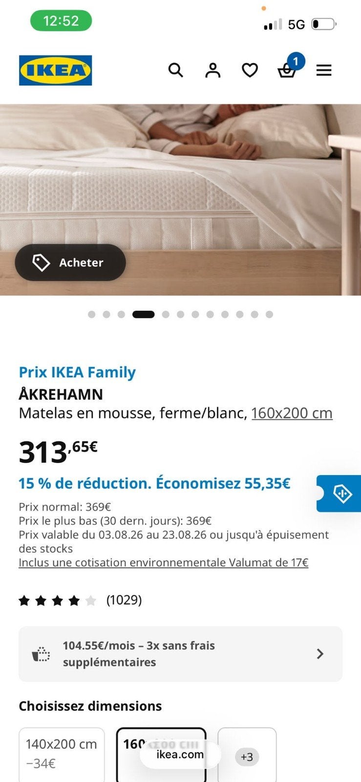 MATELAS EN MOUSSE 160X200 comme neuf utilisé 6 mois, Matelas