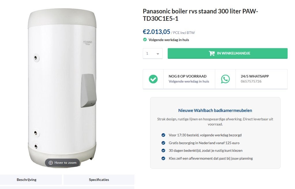 Panasonic boiler rvs staand 300 liter PAW-TD30C1E5-1, Doe-het-zelf en Bouw, Verwarming en Radiatoren, Ophalen