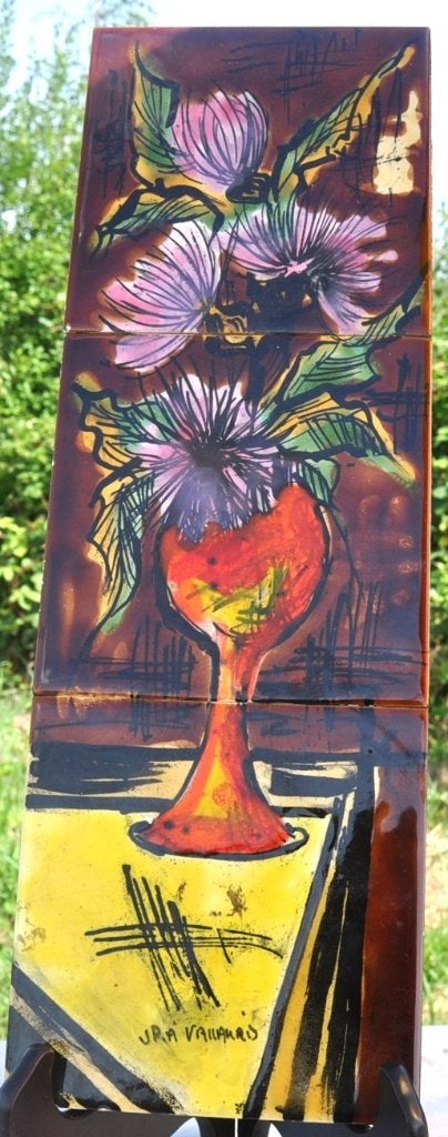 céramique 3 carrelages vase fleuri ura vallauris, Enlèvement ou Envoi