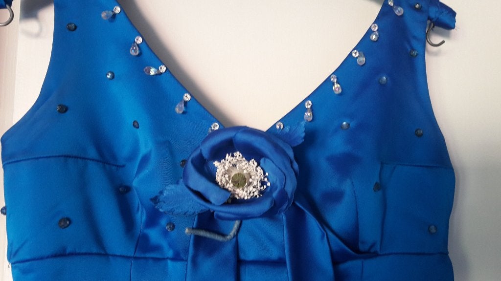 Lange bruidssuitejurk maat 38, Blauw, Robe haute couture, Gedragen, Bruidsmeisjeskleding