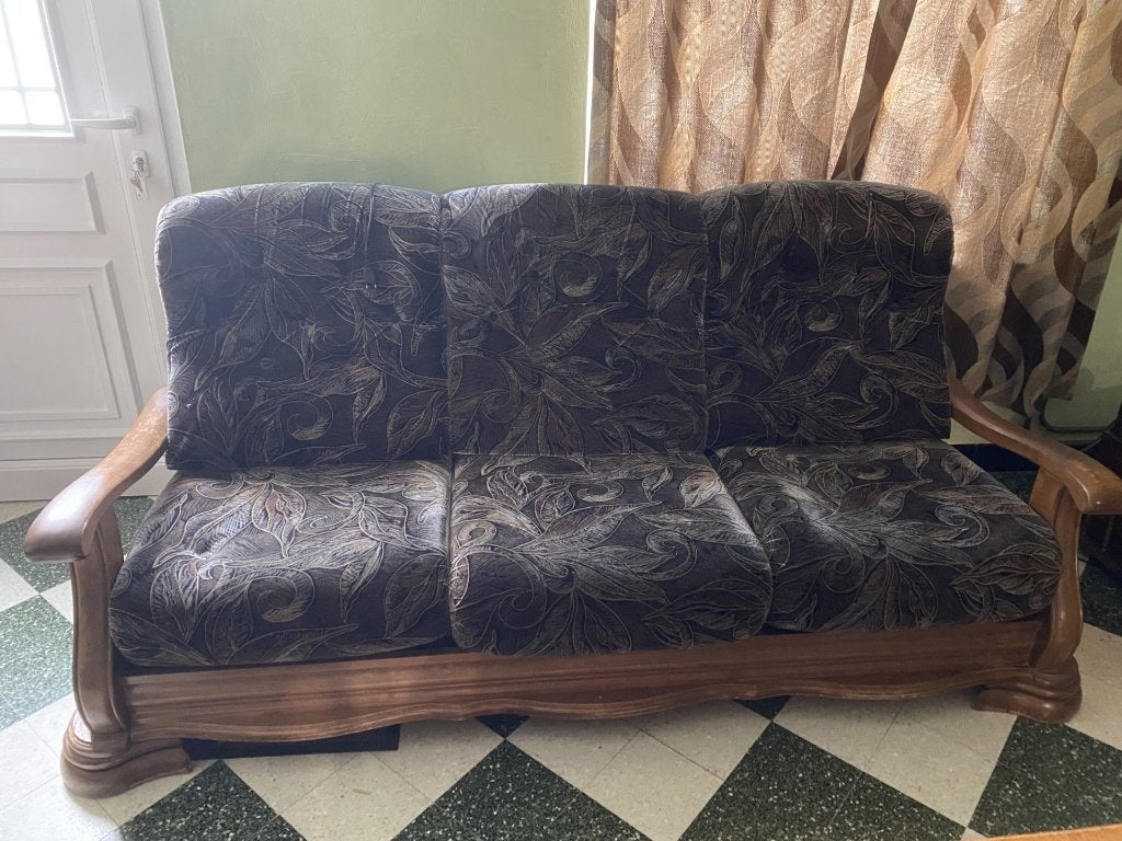 Volledige lounge in hout en stof, Huis en Inrichting, Ophalen, Gebruikt, Hout