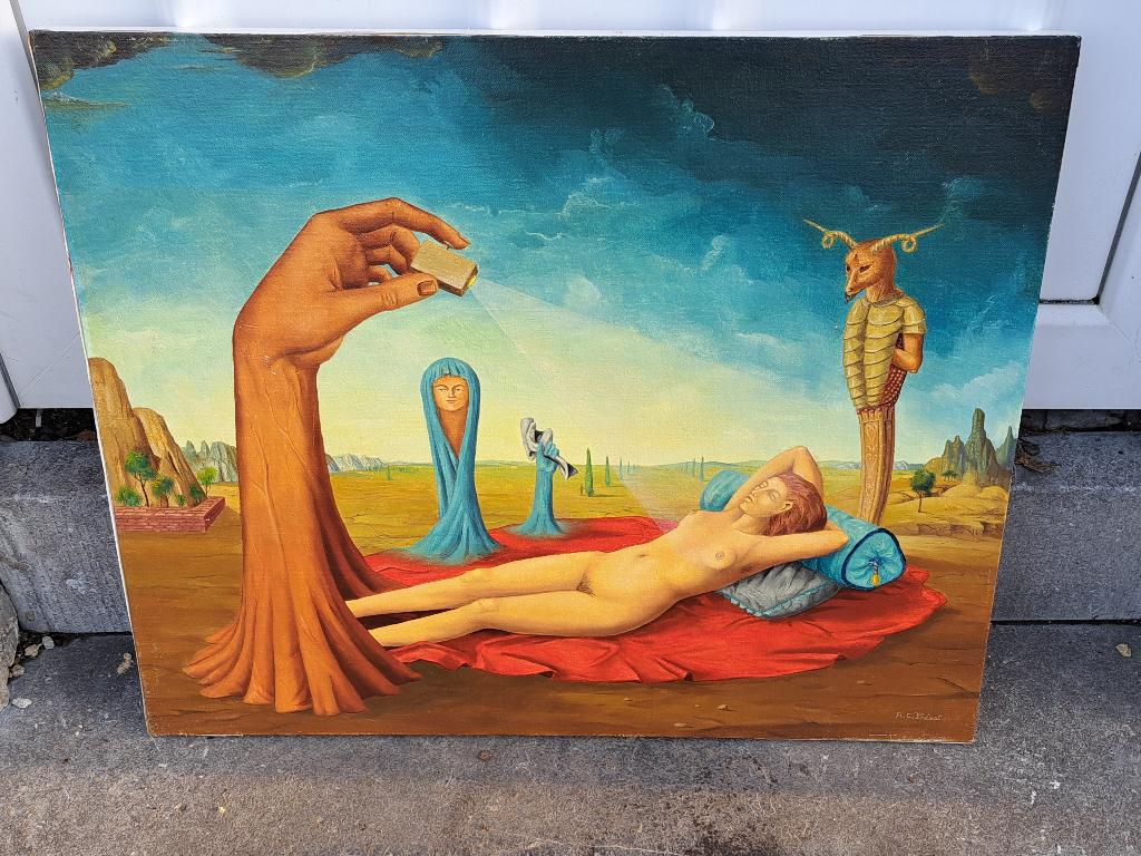Huile sur panneau vaporisons nos songes signe Carl prevot, Ophalen of Verzenden