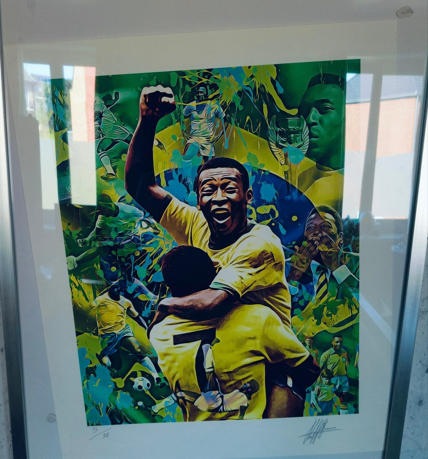 Ingekaderde litographie Pelé met echtheidscertificaat, Verzamelen, Sportartikelen en Voetbal, Ophalen