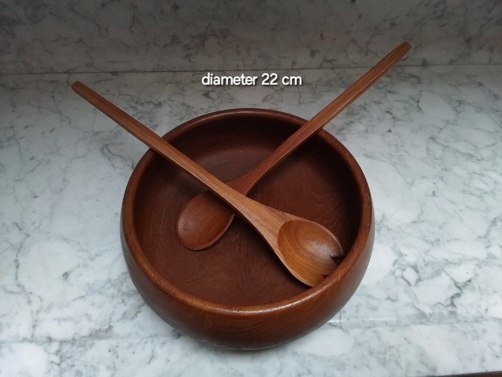 Vintage teakslakom met serveerlepels, Ophalen of Verzenden, Zo goed als nieuw, Vintage