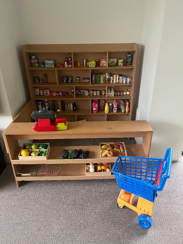 Winkeltje met inhoud, winkelkar en Smoby Kassa, Ophalen, Zo goed als nieuw, Ontdekken, Met geluid