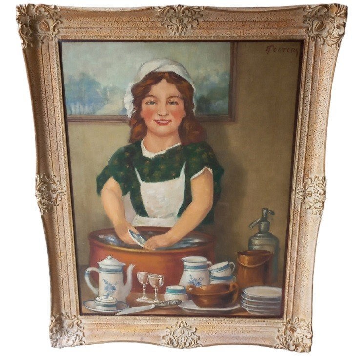 E. Peeters "aan de afwas"., Antiek en Kunst, Ophalen, Doek, Portret of Personen, Gesigneerd