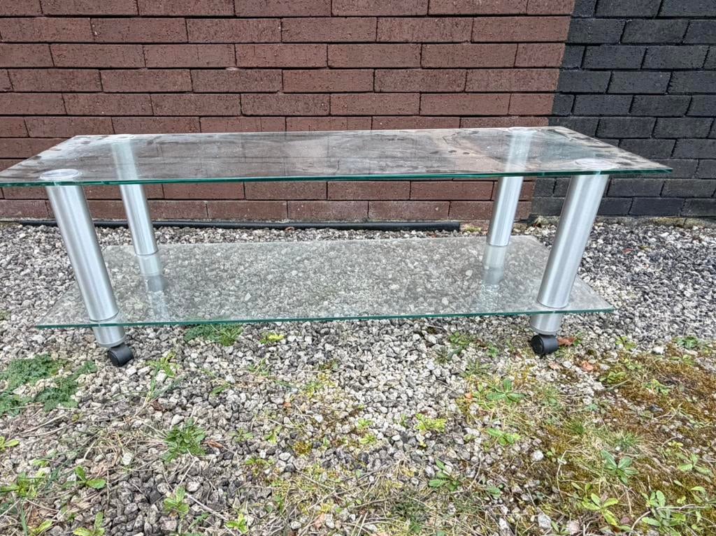 Glazen tv meubel op wieltjes 120 x 40 x 42, Huis en Inrichting, Kasten |Televisiemeubels, Ophalen, Minder dan 50 cm, 100 tot 150 cm