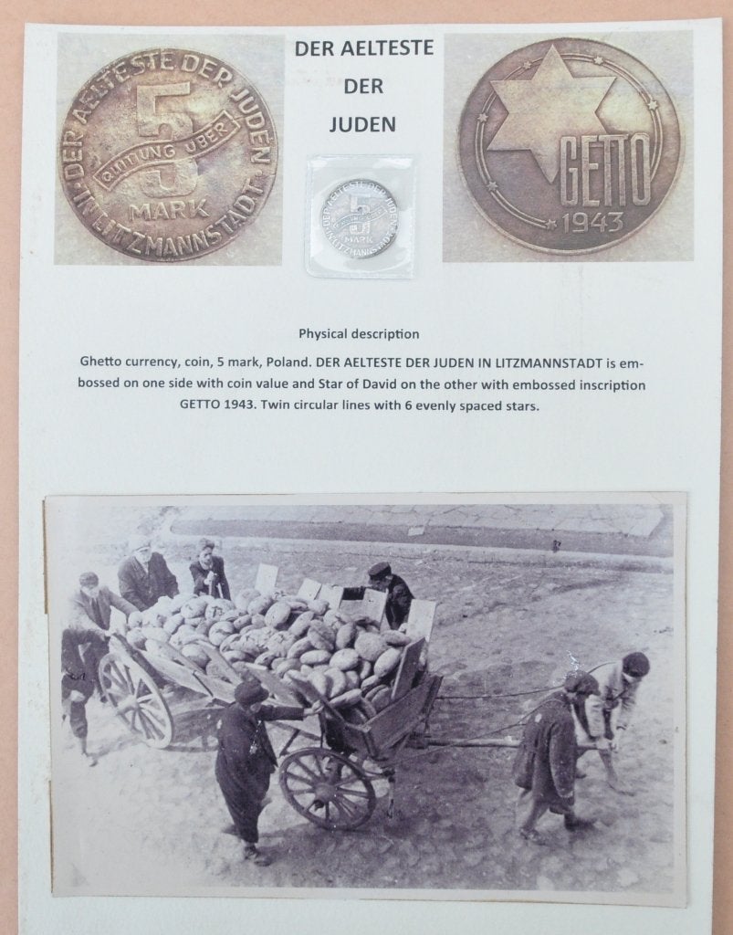 5 Mark getto munt 1943 - foto's - tekeningen, Verzamelen, Verzenden, Overige soorten, Embleem of Badge
