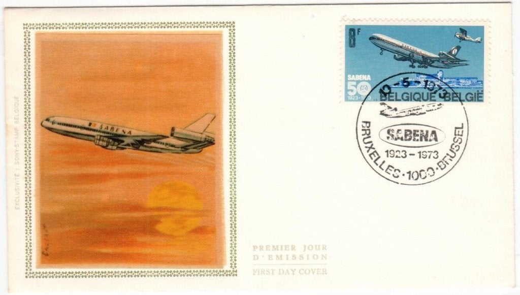 FDC 1675 ZIJDE/SOIE  SABENA 50 JAAR, Timbres & Monnaies, Enlèvement ou Envoi, Affranchi, Aviation, Oblitération 1er jour