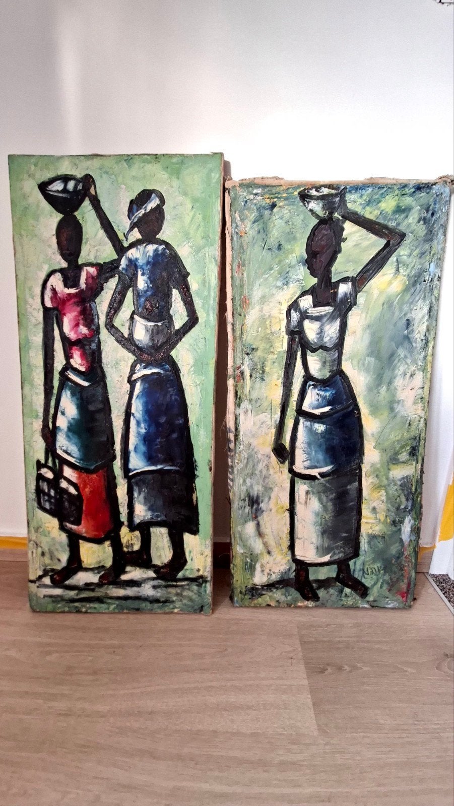 Peintures africaines vintage Zaïre/Congo années 60, Enlèvement, Textile, Peint à la main