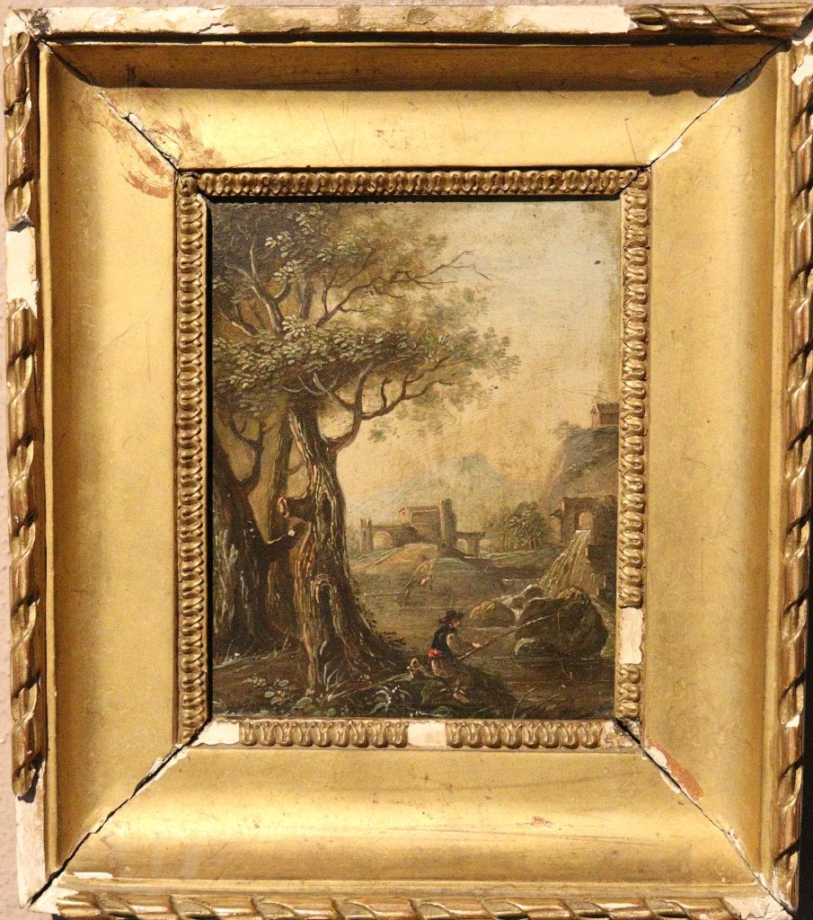 Vroeg 18e eeuws metaal paneeltje, Ophalen of Verzenden, Olieverf, Landschap, Metaal