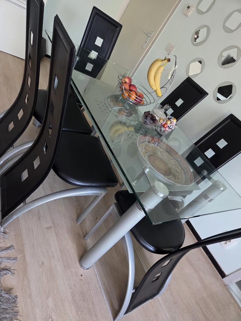 6 stoelen + eettafel + salontafel, Enlèvement, Comme neuf