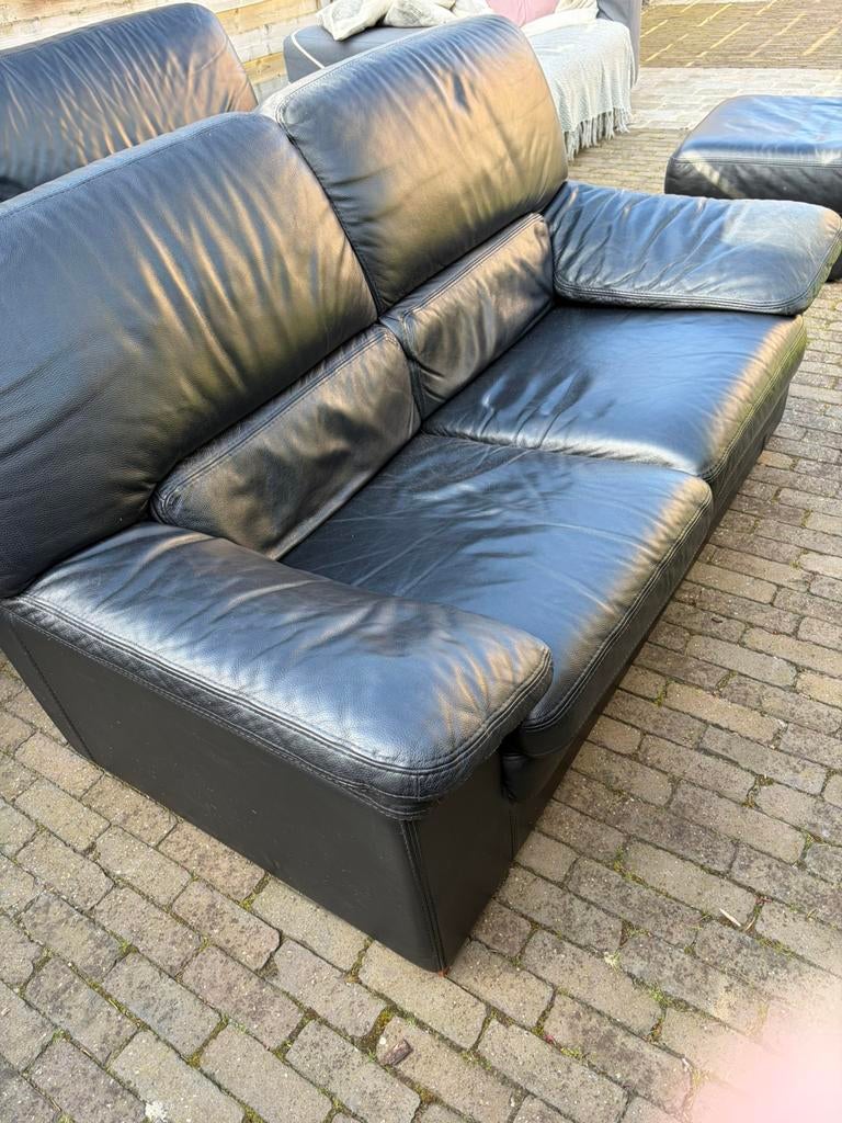 Zwart lederen salon met poef, Ophalen, Gebruikt, Leer