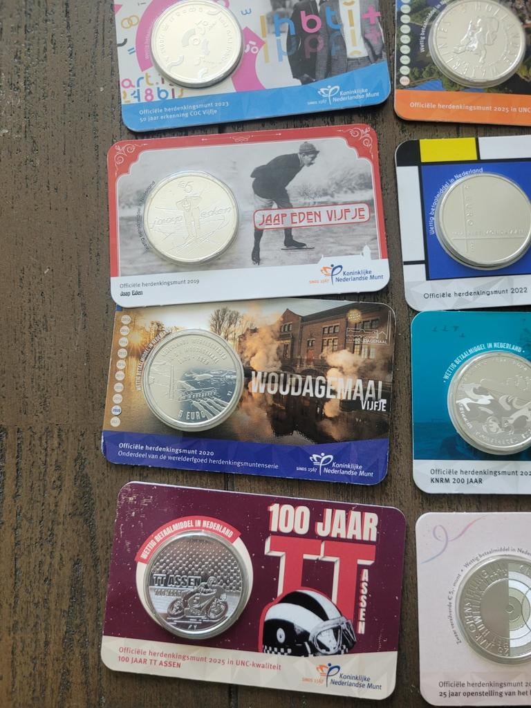 9x Herdenkingsmunten vijfjes coincards diverse soorten, Enlèvement ou Envoi, 5 euros, Série