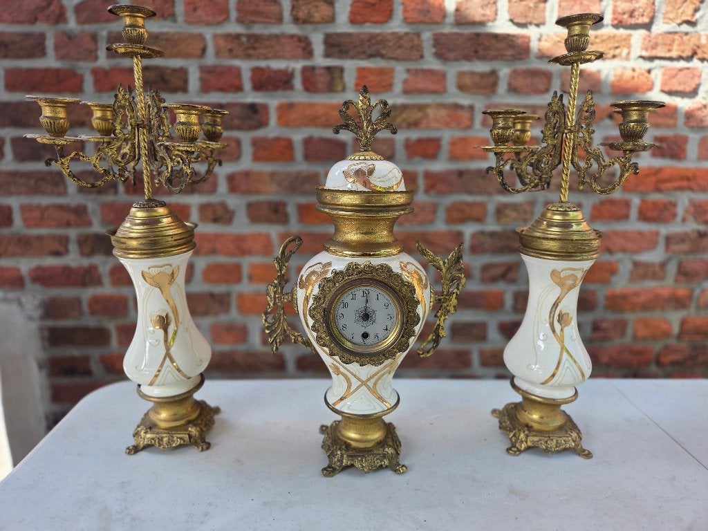 Prachtig antiek/vintage schouwgarnituur klok + 2 kandelaars, Enlèvement