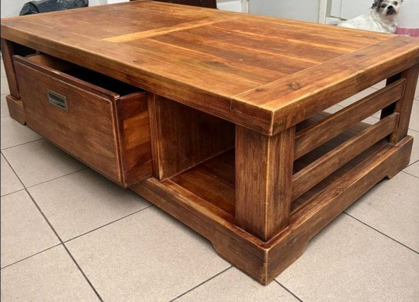 massief houten tafel met grote middenlade, Ophalen, Eikenhout, 100 tot 150 cm, 50 tot 100 cm