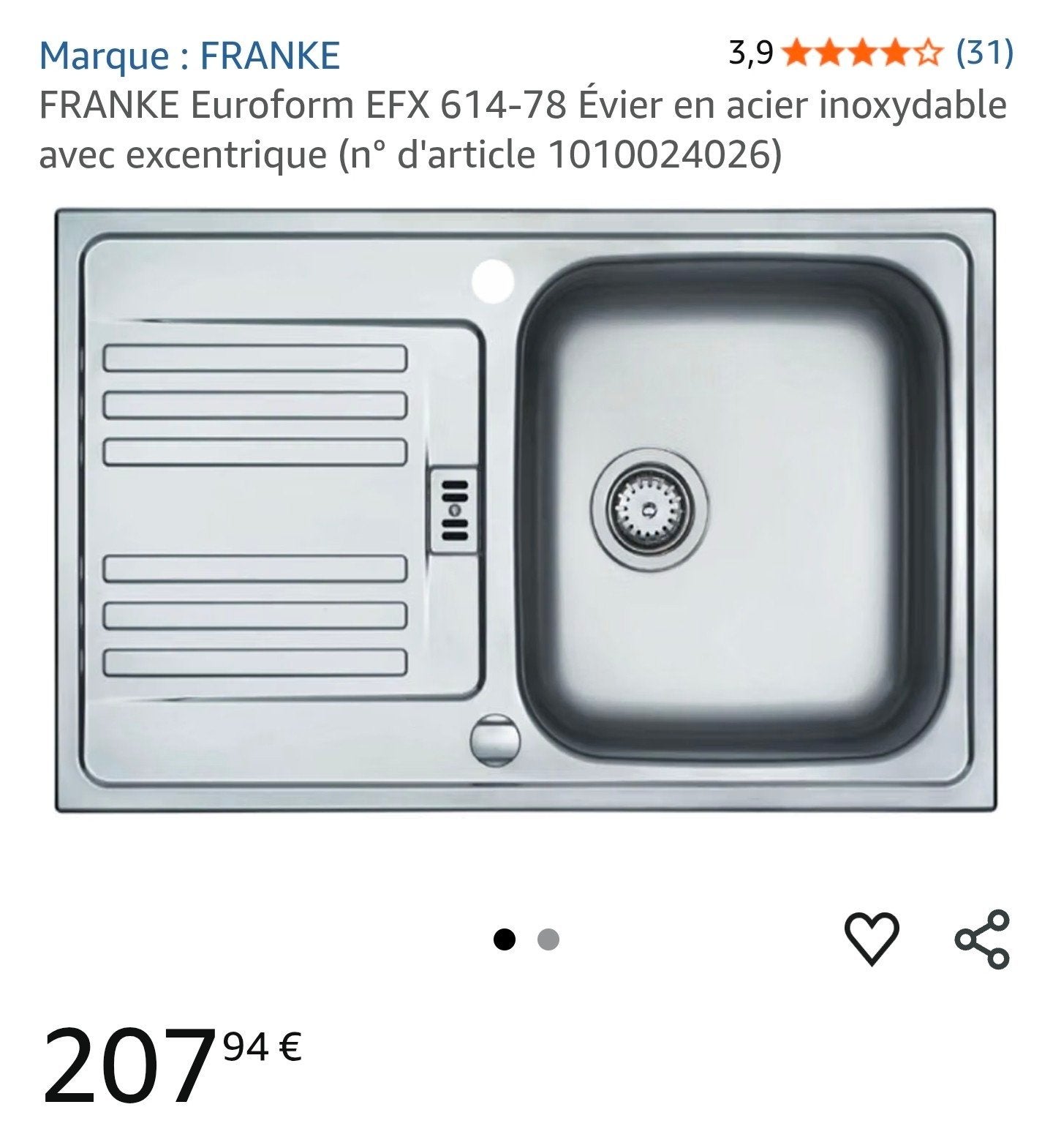 FRANKE 78CM roestvrijstalen spoelbak, Ophalen