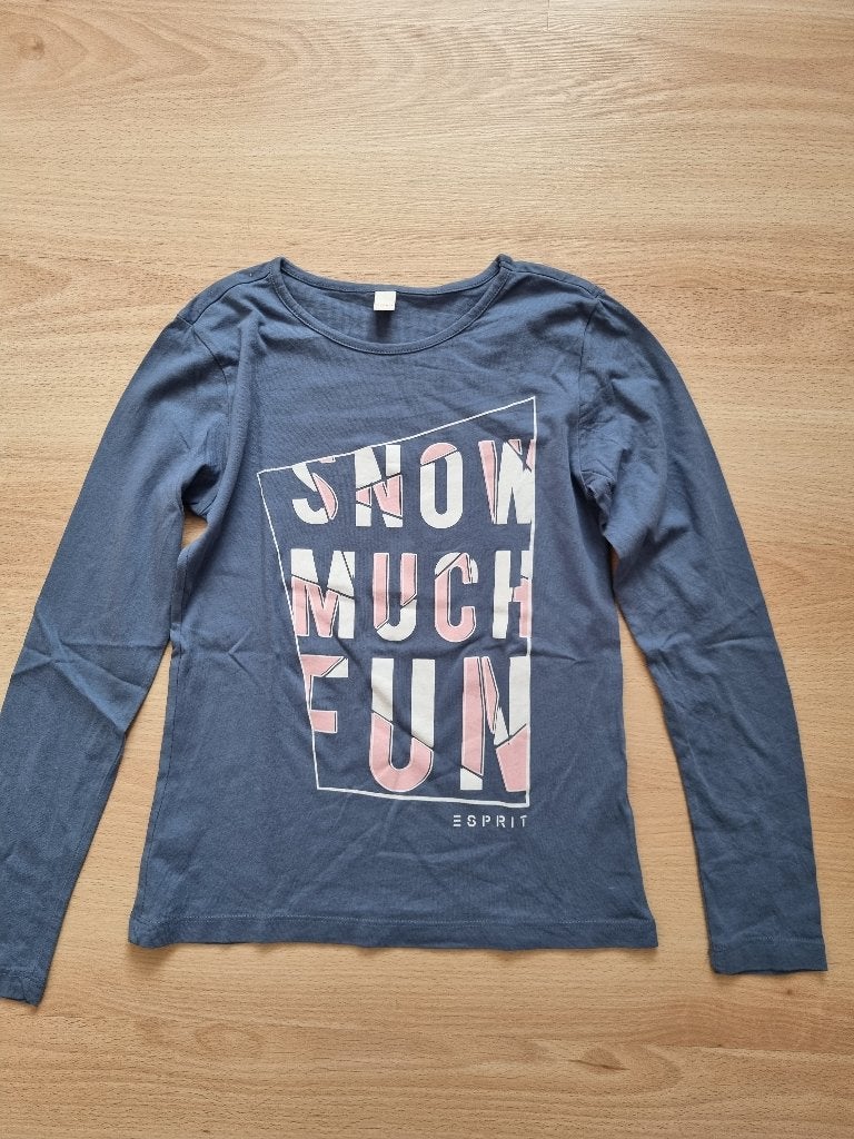 Blauwe longsleeve "Snow much fun" - maat 140-146, Kinderen en Baby's, Gebruikt, Meisje, Ophalen of Verzenden, Esprit