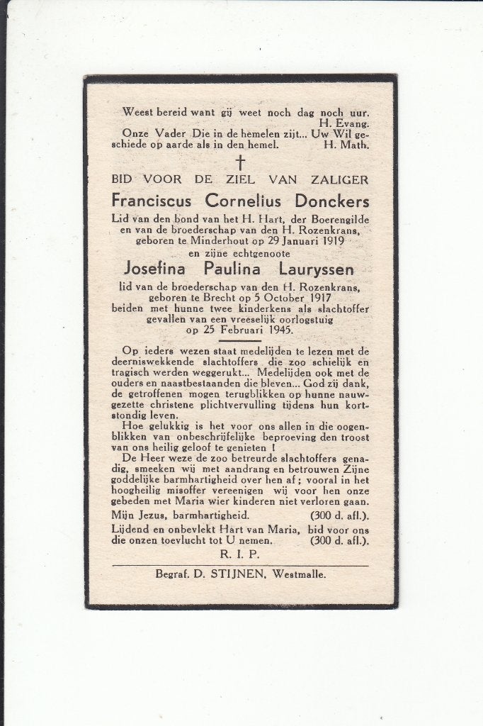 Slachtoffer WO II - vliegende bom Westmalle 1945, Verzenden, Bidprentje