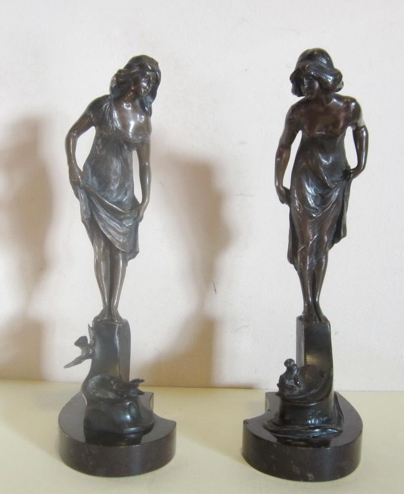 2 KOWALCZEWSKI en bronze antique, prince princesse, Statue, Art nouveau, Brons, Marqué
