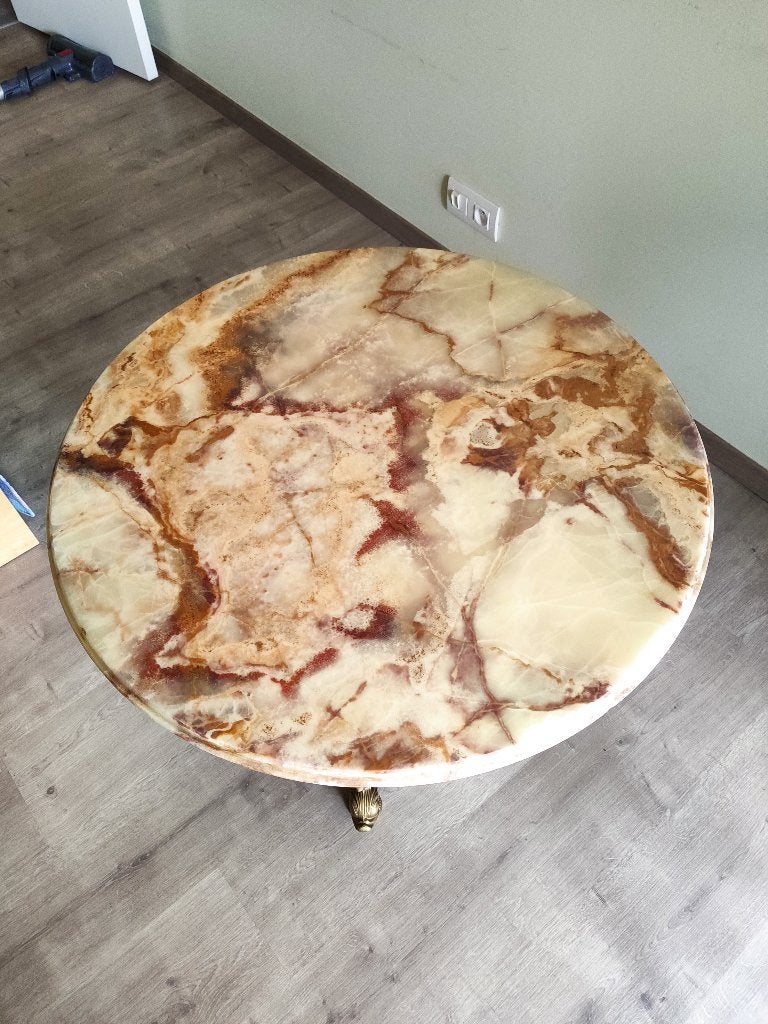 Table basse vintage en onyx / marbre - bronze poisson, Enlèvement