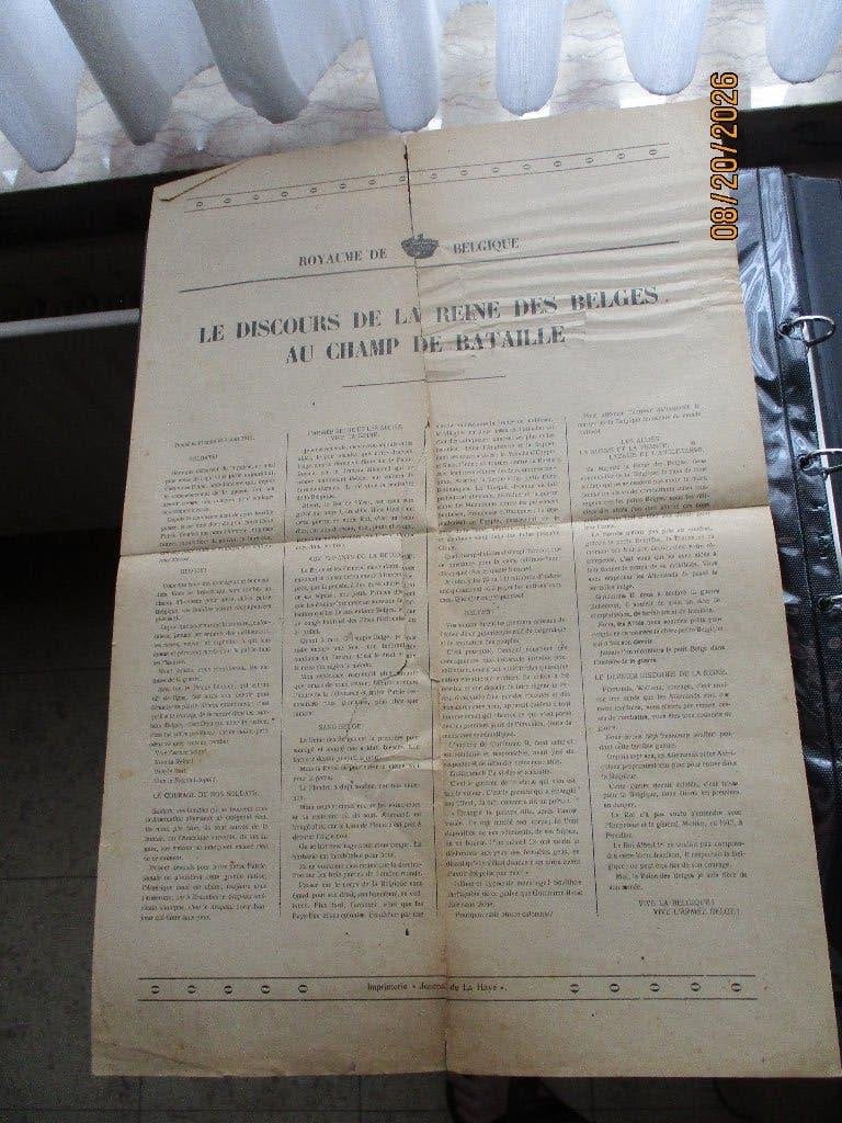 Affiche belge de 1915. Discours de la Reine, Collections, Envoi