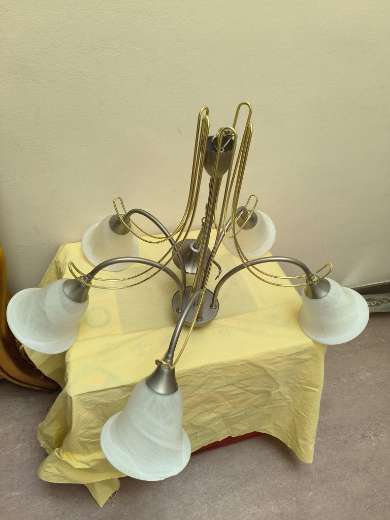 Kroonluchter met 5 lights en mooie lampekappen, Ophalen, Gebruikt, Glas