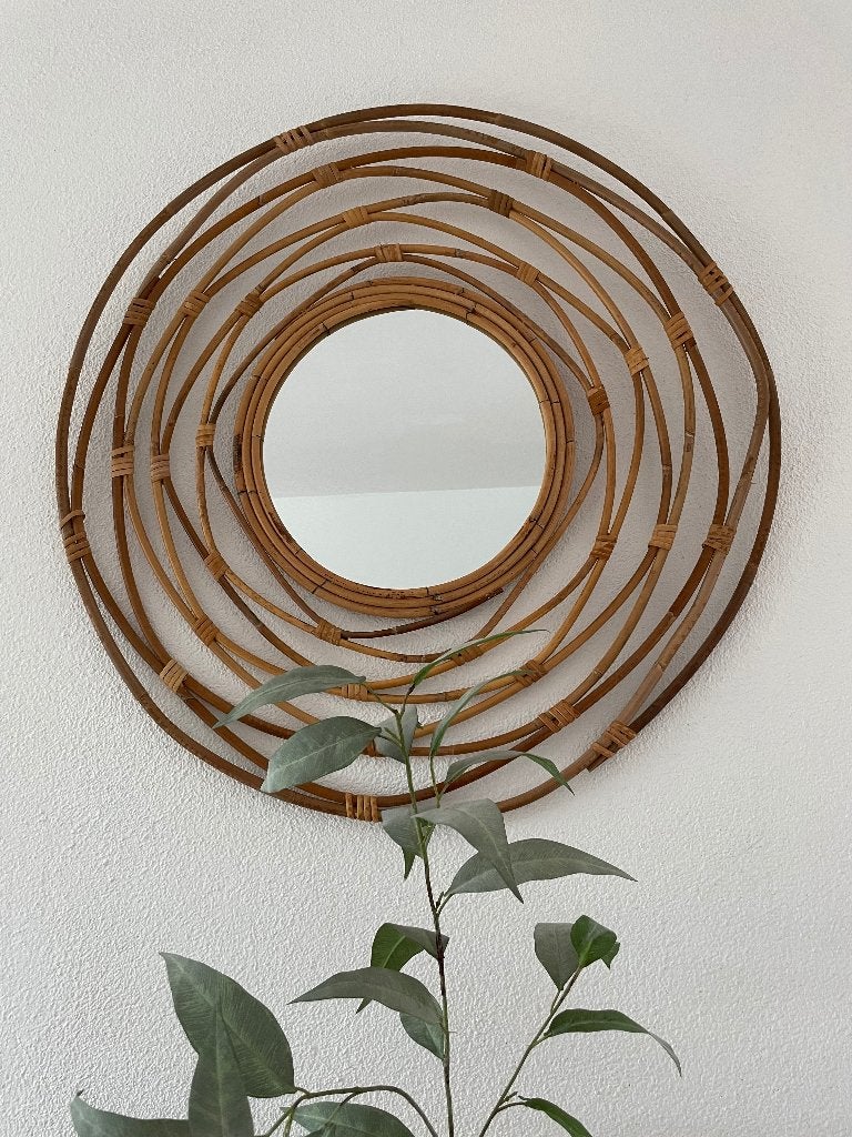 Retro 80s bamboe spiegel, Enlèvement, Comme neuf, Rond, 50 à 75 cm