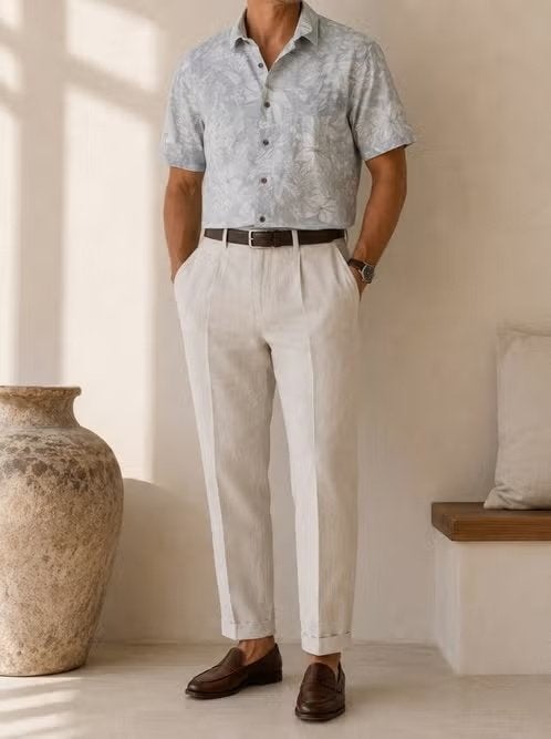 Resort Shirt Light Blue Grey Tropical Floral Print Short L, Kleding | Heren, Overhemden, Verzenden, Zo goed als nieuw, Halswijdte 41/42 (L)