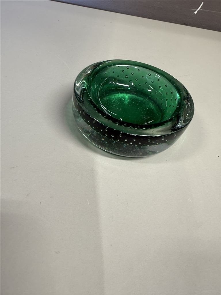 Vintage groene glazen asbak in Murano-stijl met bubbelontwer, Ophalen of Verzenden, Zo goed als nieuw, Asbak