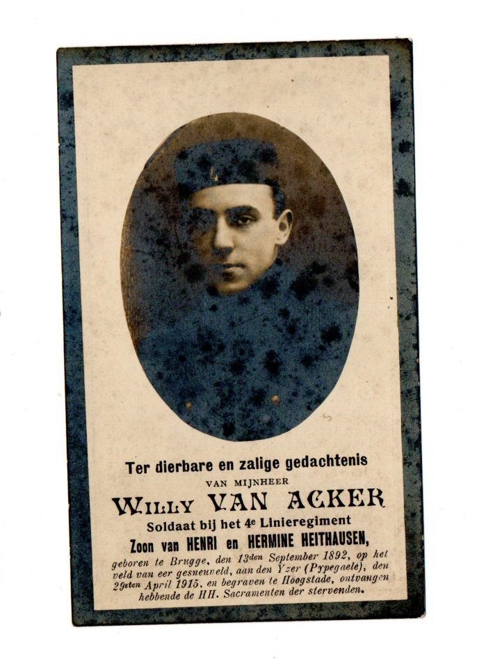 doodsprentje soldaat 4e linie Brugge + Pypegale 1915, Verzamelen, Ophalen of Verzenden, Landmacht, Foto of Poster