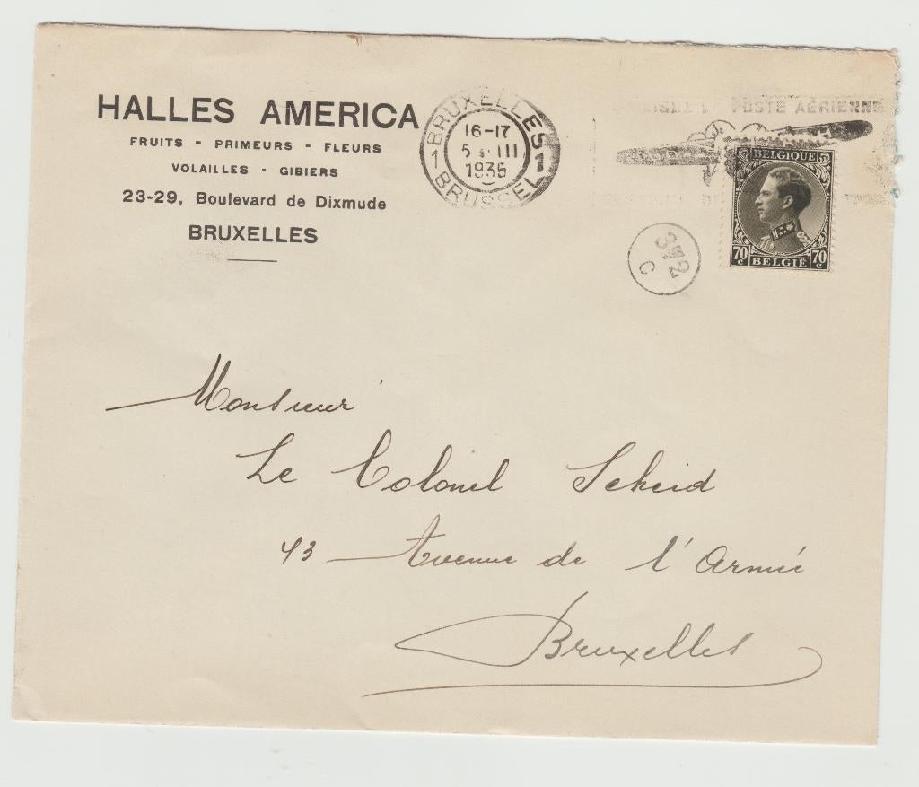 België 1935 Vlagstempel 'utilisez la poste arienne'  brief, Postzegels en Munten, Ophalen of Verzenden, Brief