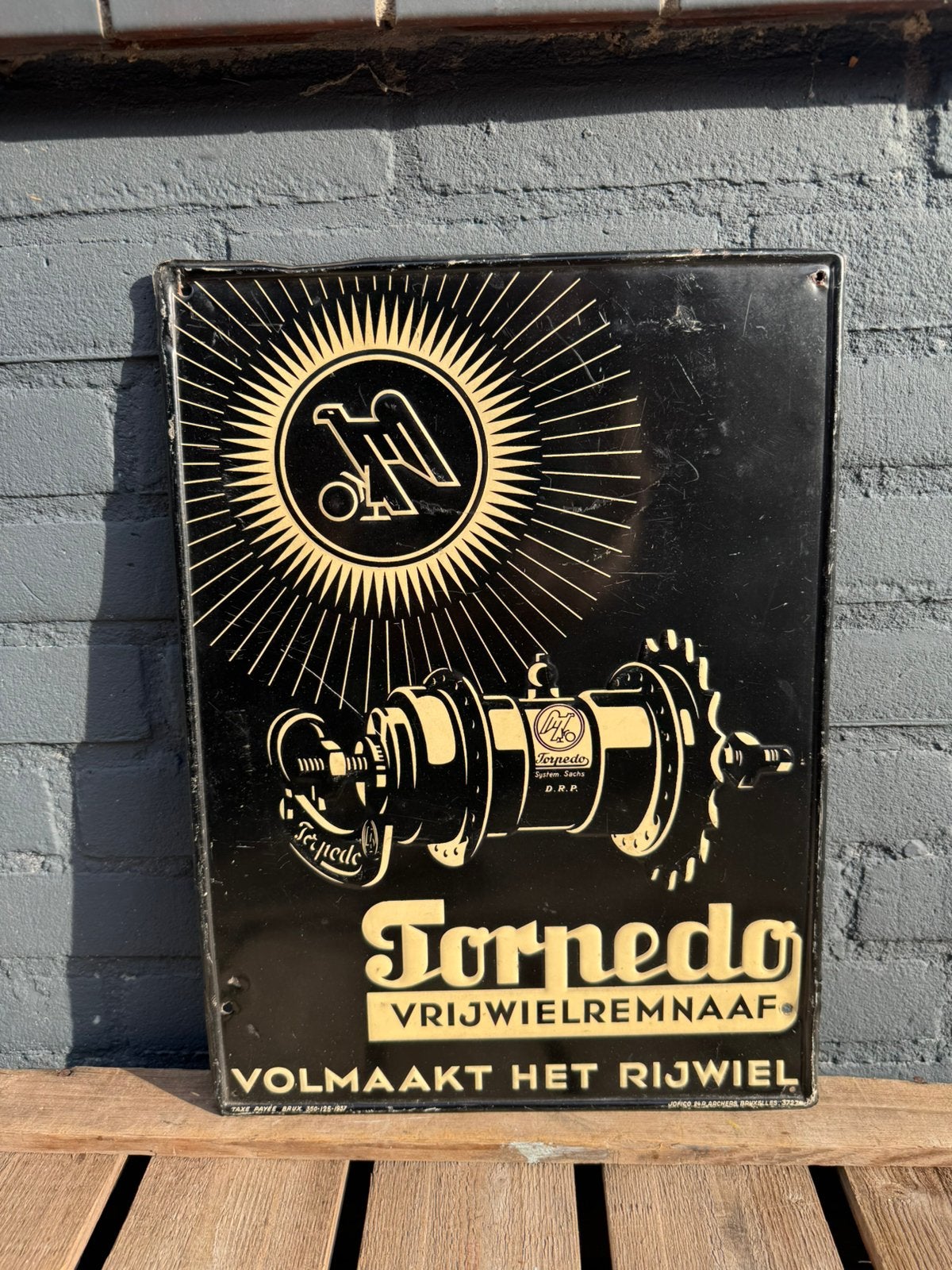 Torpedo Rijwielnaaf oud reclamebord, Verzamelen, Reclamebord, Gebruikt, ., Ophalen of Verzenden