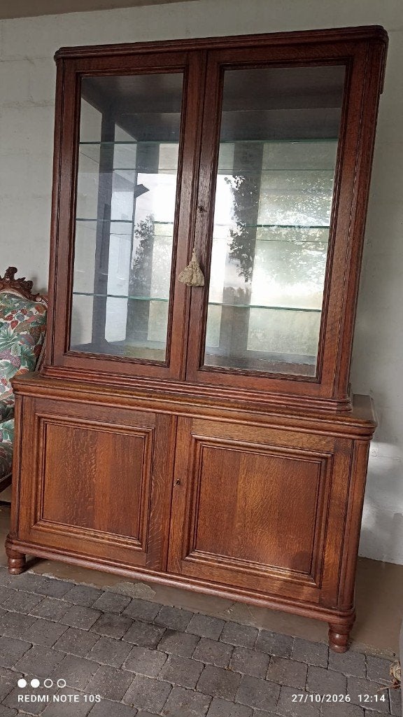 Ancienne argentière en bois en 2 parties : vitrine et buffet, Enlèvement, Verre