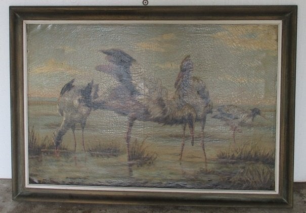 GROOT antiek schilderij ooievaars in meer  H. Schouten, Ophalen, Gesigneerd, Doek