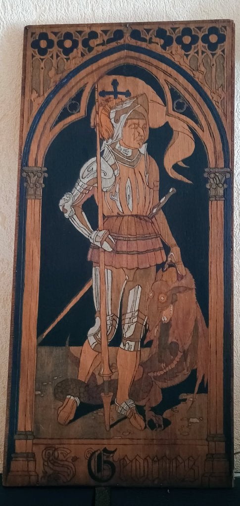 Saint-Georges terrassant le Dragon (pyrogravure), Autres styles, Bois, Brun, Décoration murale