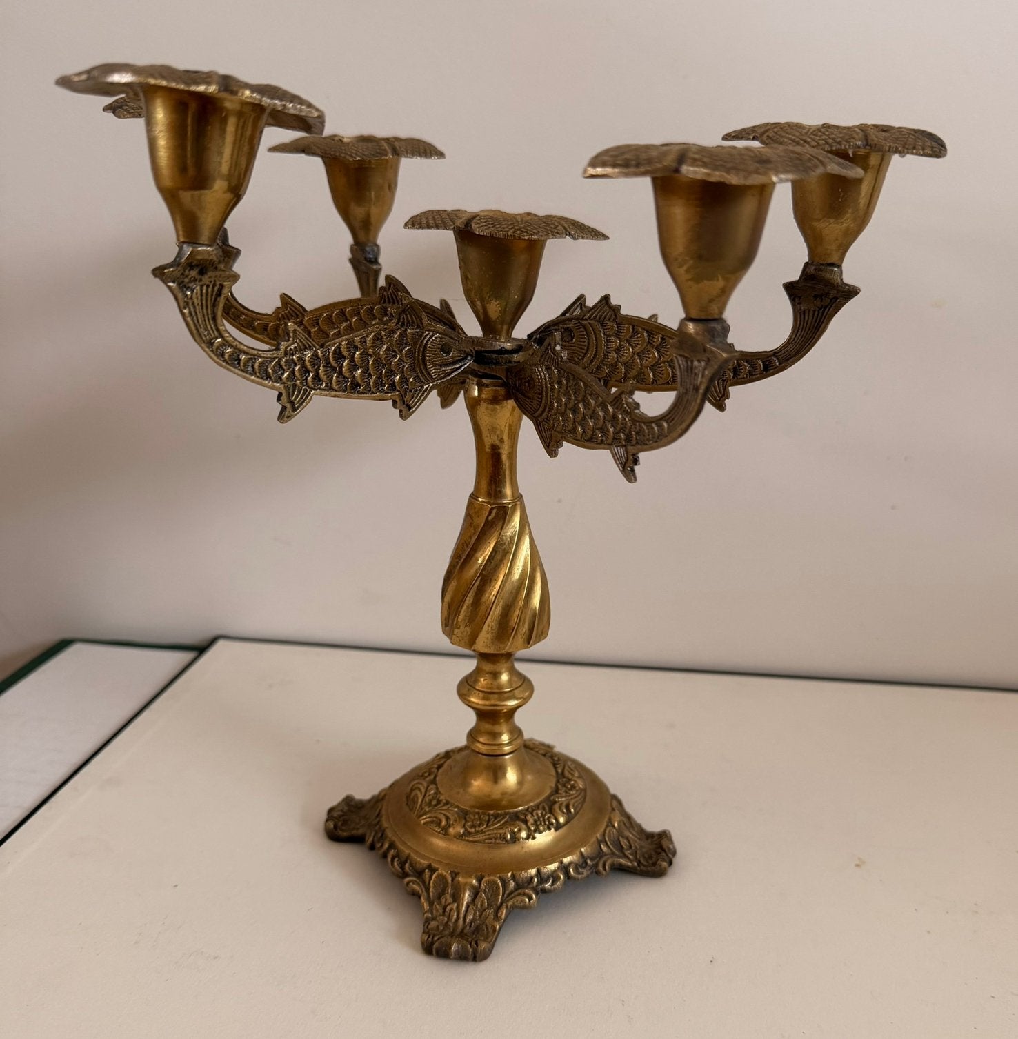 Vintage 5-armige kandelaar van messing, Antiek en Kunst, Ophalen of Verzenden