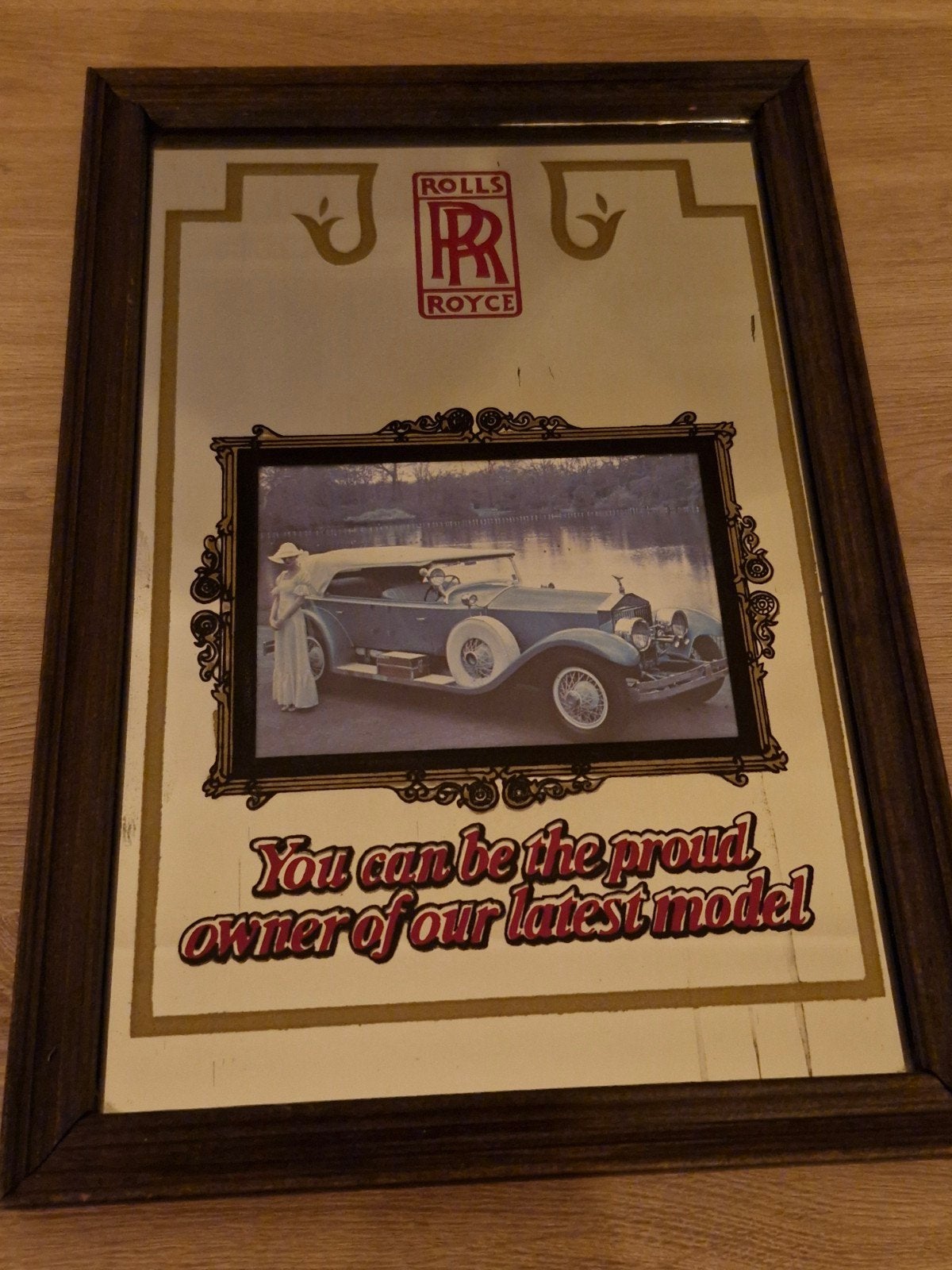 Reclame spiegel , Rolls Royes , glas , houten kader, Verzamelen, Ophalen of Verzenden, Gebruikt, Auto's