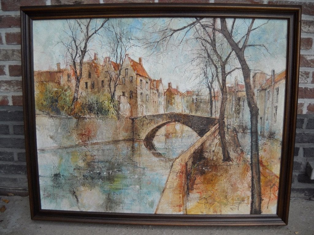 Alain Lopez – Groene Rei, Brugge – olieverf op doek, Antiek en Kunst, Ophalen, Doek, Olieverf, Gesigneerd