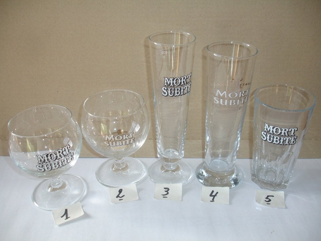 Bierglazen Gueuze Mort Subite, 5 soorten, € 1,00 per stuk, Enlèvement ou Envoi, Comme neuf, Verre ou Verres, Autres marques