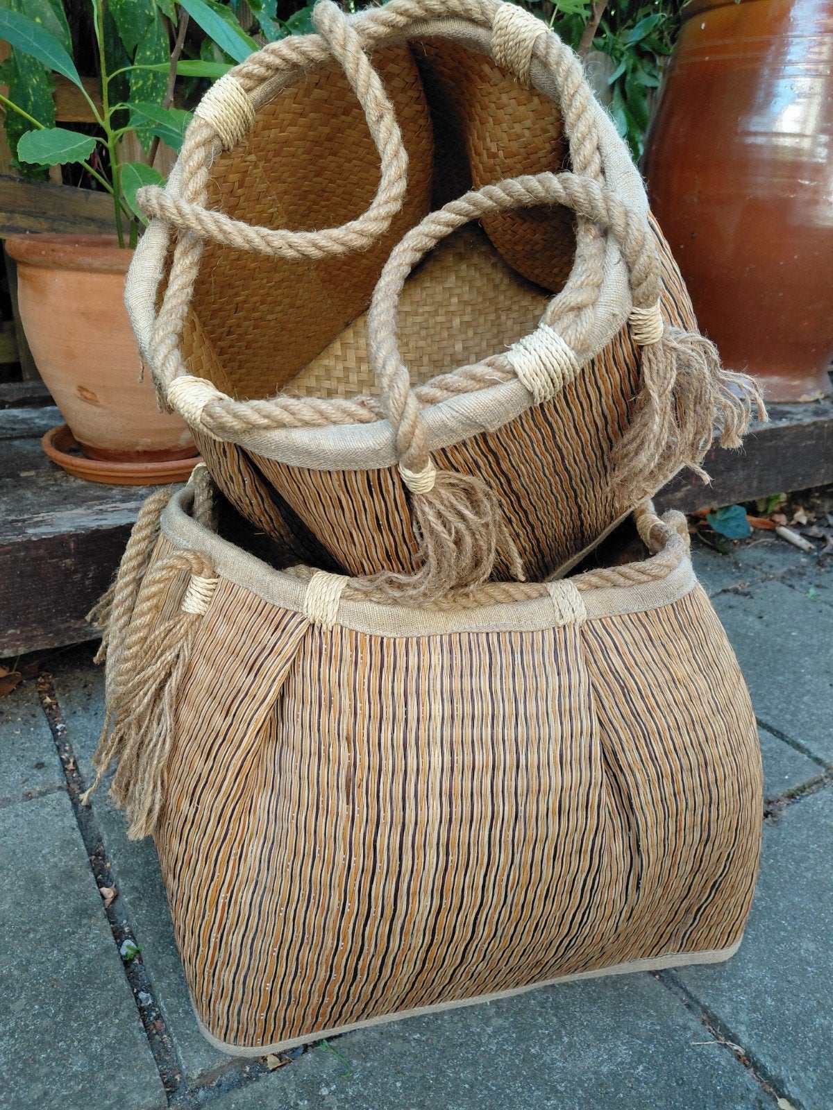Ensemble de 2 paniers en jonc de mer tressés à la main avec, Enlèvement ou Envoi, Panier, Tressé, Carré