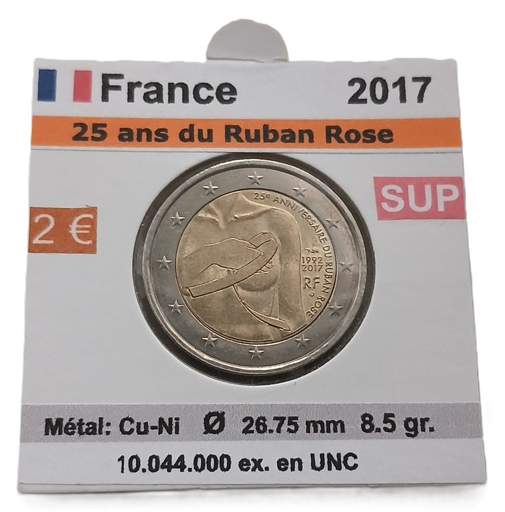FRANCE 2 €uros Année 2017 25 ans Ruban rose, Timbres & Monnaies, Monnaies | Europe | Monnaies euro, Envoi, France, 2 euros, Monnaie en vrac
